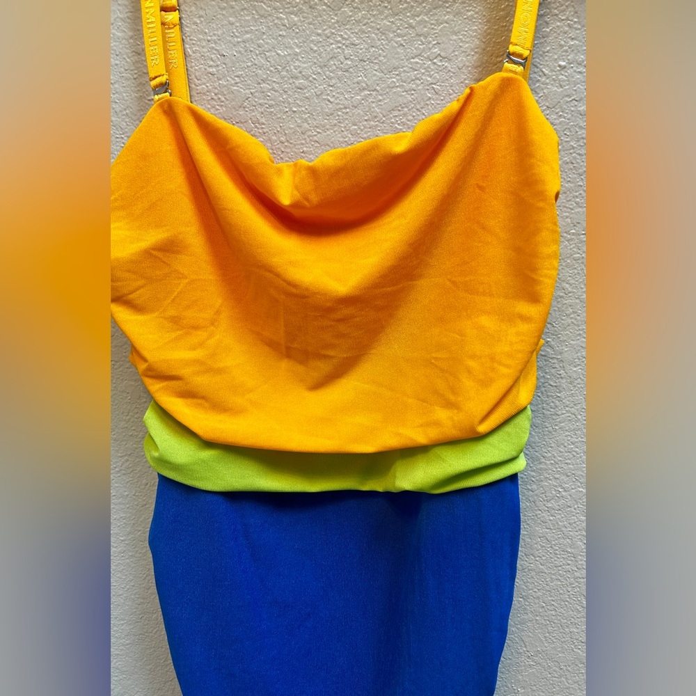 SIMON MILLER Jota Mesh Midi Bodycon Dress Color Block Yellow Blue Sz Medium - Picture 3 of 9